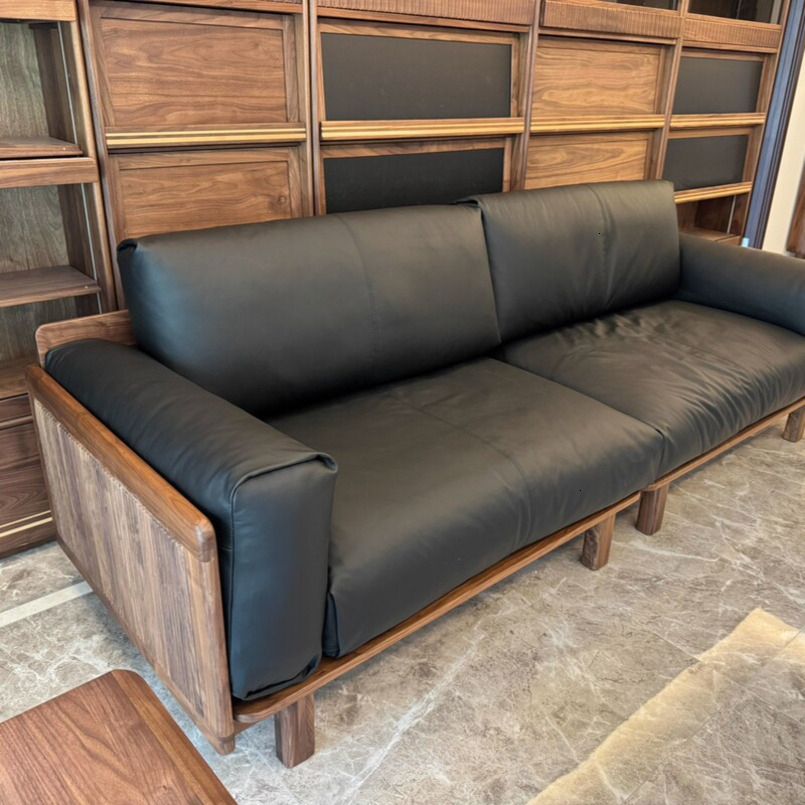 Black Walnut Sofa Full Solid Wood Genuine Leather Modern Simple Three-Seater Living Room Small Apartment Home Down Filling