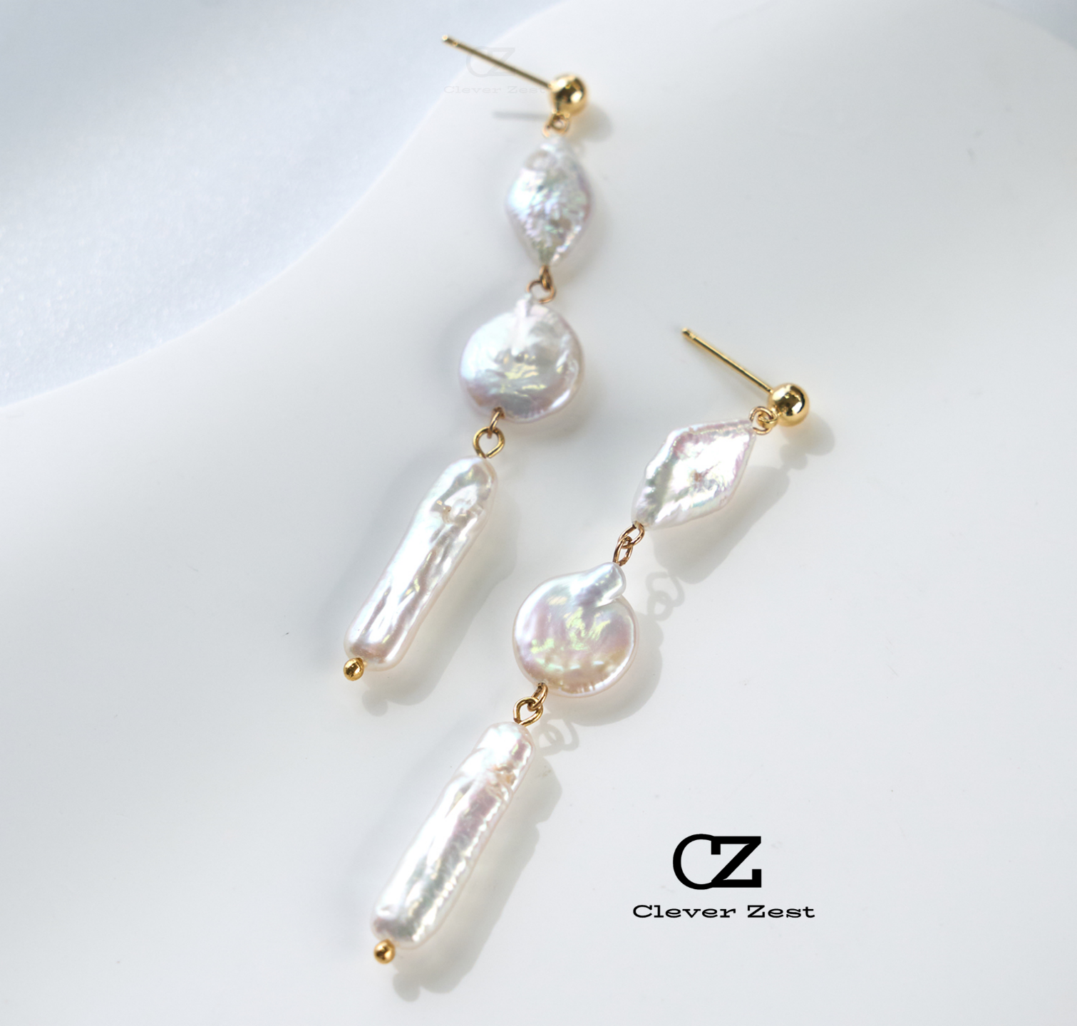 Natural White Diamond-Shaped Button Toothpick Baroque Earrings 14K Gold-Filled Fashionable Versatile Trend Anniversary Gift Bestie Gift