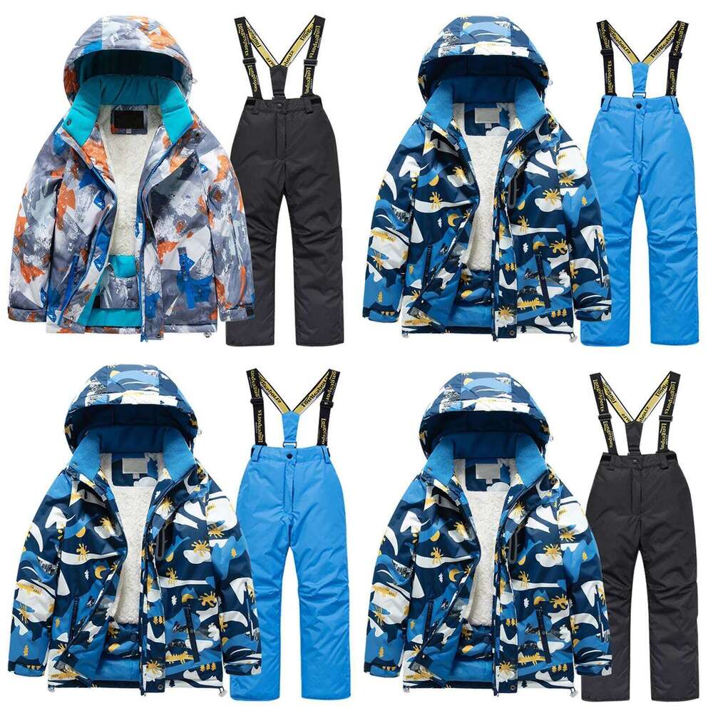 Kids Fleece Lined Ski Jacket & Pants Set Winter Windbroof Snowboarding Rain Coats Girls Handsome Boys And Students Vest Suit