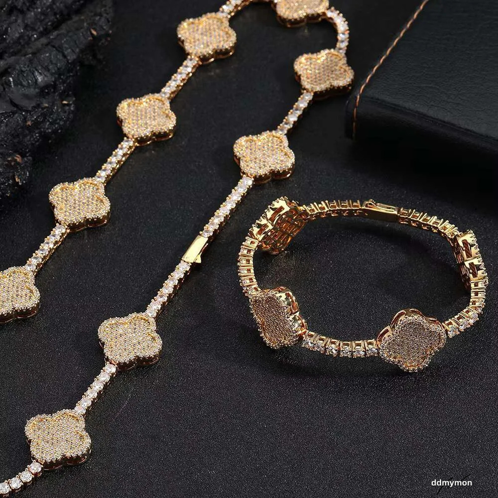 Hip Hop Fine Jewelry Four-Leaf Clover Tennis Necklace Women Gold Plated 3A Zircon Iced Out Bling Dia Chain Ddmymon