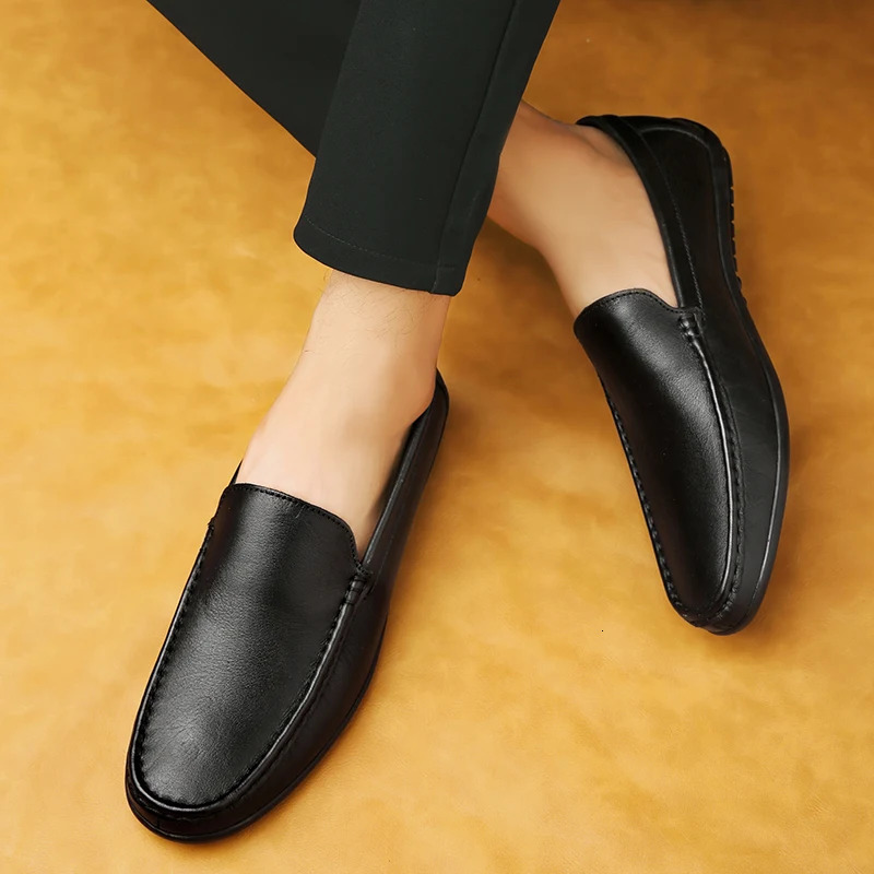 Spring Genuine Leather Mens Loafers Handmade Moccasins Casual Shoes Soft Sole Mens Business Flat Brown Minimalist Leather Shoes 251023