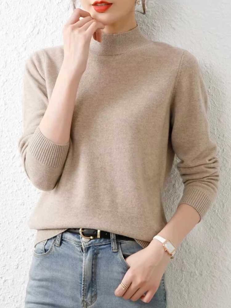 Korean Sweaters Autumn Winter Women Sweater Vintage Basic Solid Knitted Tops Casual Slim Mock Neck Pullover Simple Chic JumpersT251025
