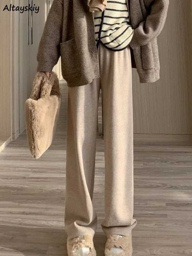 Casual Pants Women Warm Loose Soft Plus Velvet Knitted Korean Style Wide Leg Trousers Temper Allmatch Teens Classic PersonalT251025