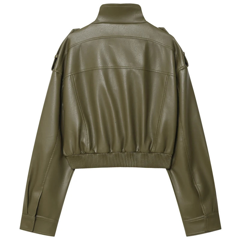 HXAO Green Pu Leather Jacket Woman Autumn Fashion Bomber Cropped ZipUp Long Sleeve Coats Chic Turtleneck Pocket Outerwears 251023