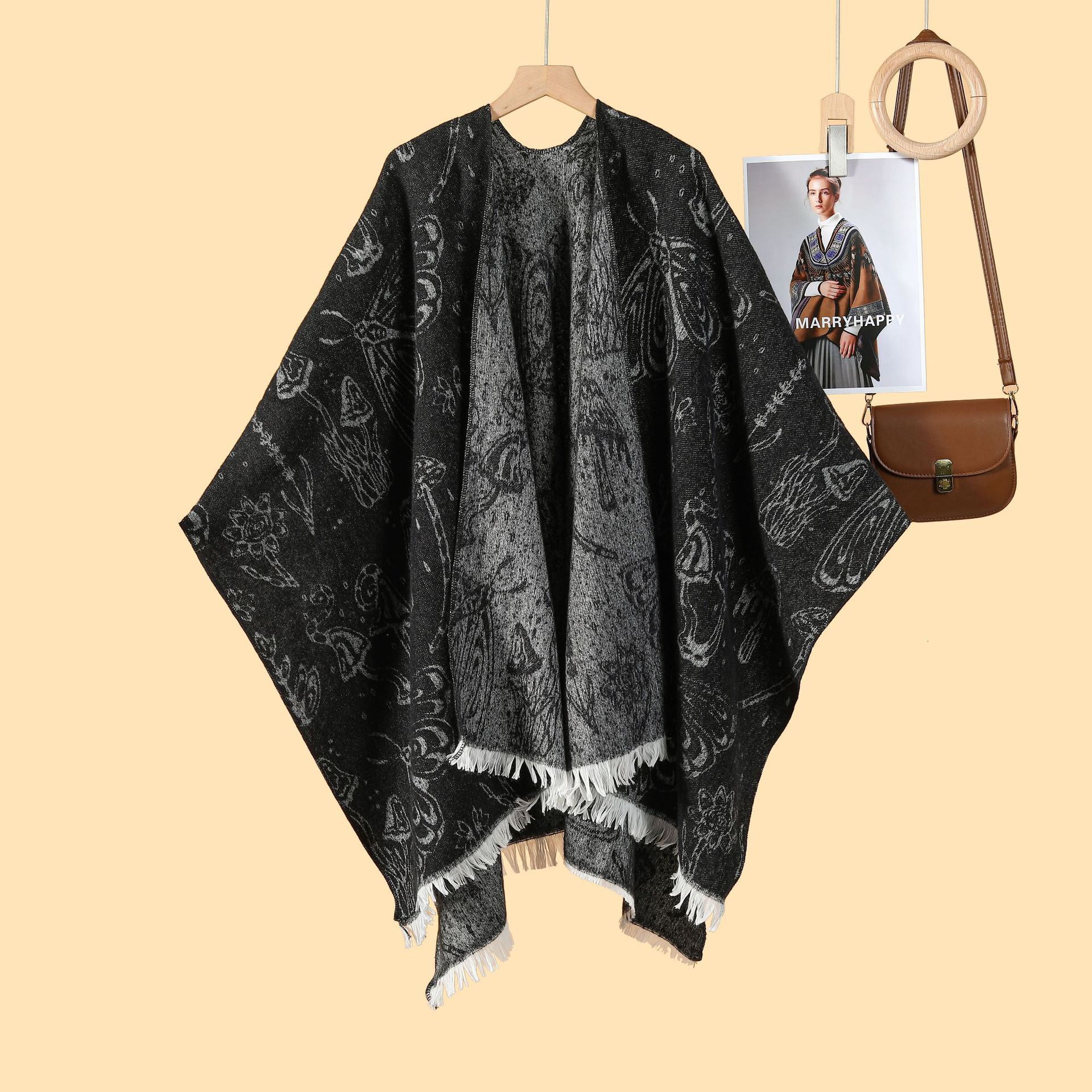 New Style Pastoral Style Womens DoubleSided Loose Beaded Jacquard Warm Split Outer Cape Cloak
