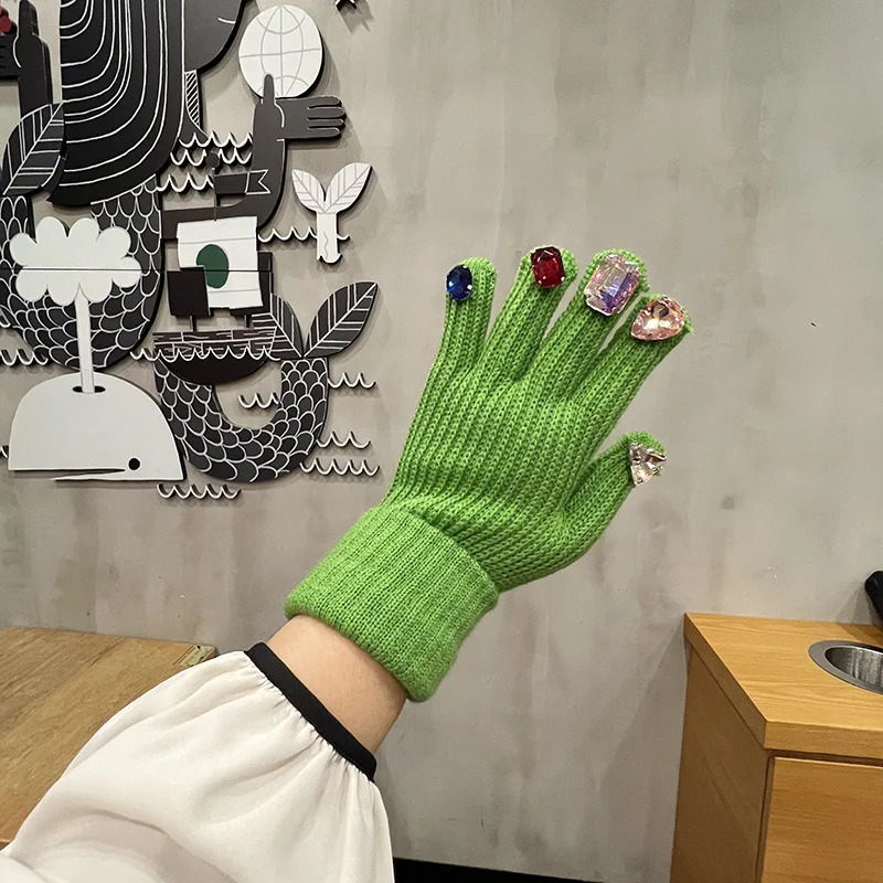 Women Gloves Cute Autumn Winter Ins Style Rhinestone Split Finger Knitted Gloves Korean Fashion Y2K 251023