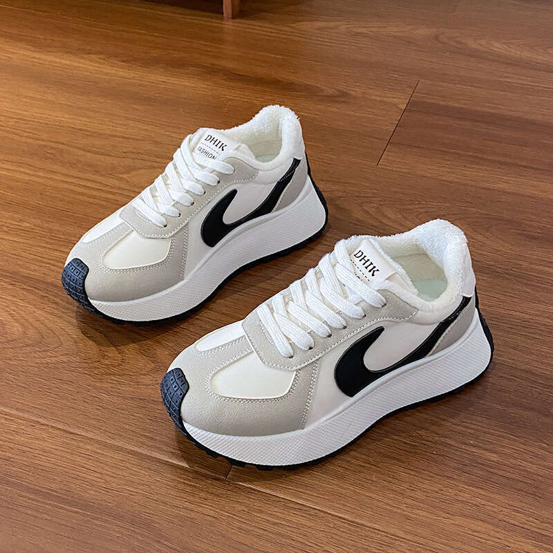 New Autumn Women's Shoes Thick Sole Fleece Lined Student Height Increasing Casual Patchwork Sneakers Trendy Sports Winter Cotton Shoes Warm