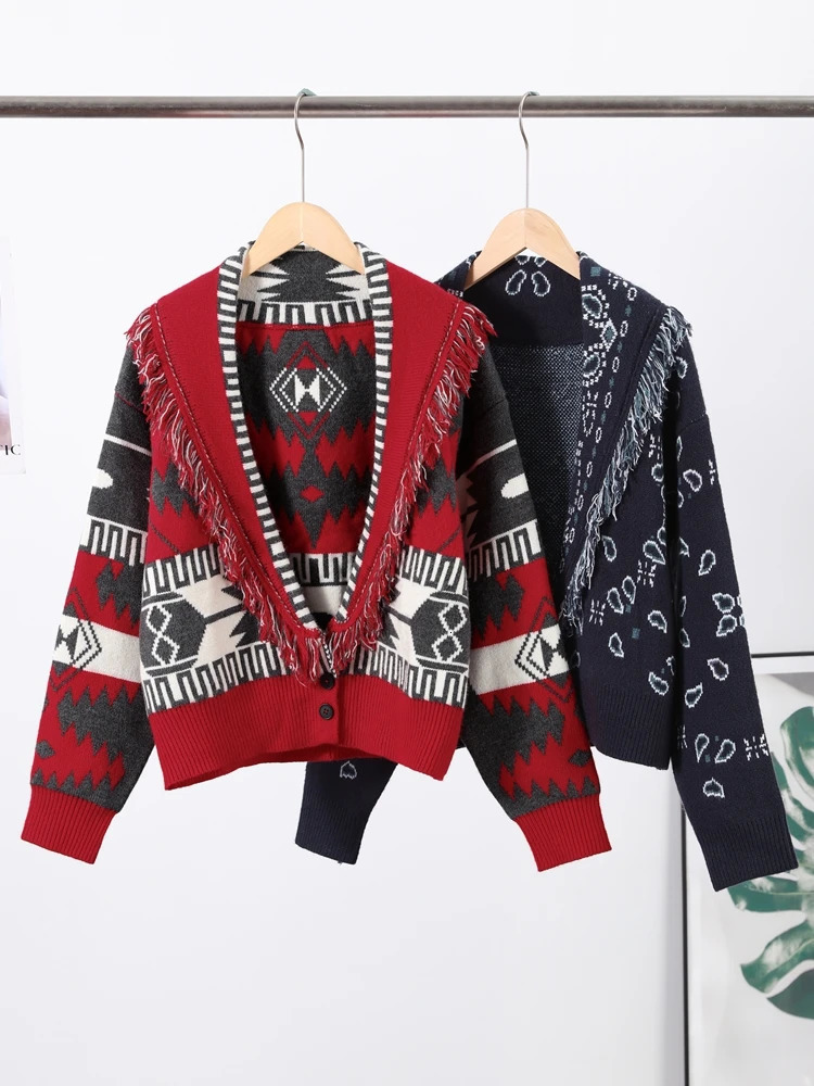 Tassel Patchwork Printed Cardigan Women Turndown Collar Long Sleeve Knitted Fashion Lady Sweater Vintage 2025 Autumn Cardigans 251013