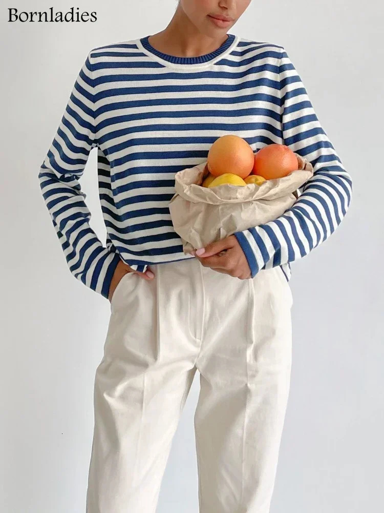 Bornladies Knitted Stripe Sweater Women 2025 Autumn Winter Loose Casual Thick Pullovers Female Warm Longsleeved Round Neck Tops 251023