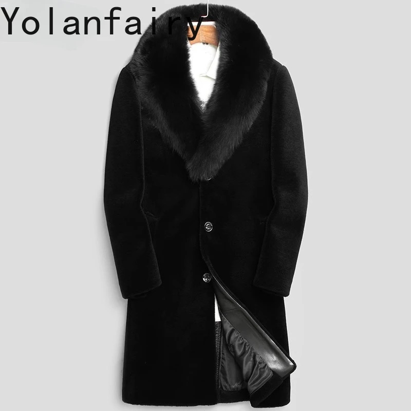 YOLANFAIRY 100 Sheep Shearing Jacket Men Winter Long Wool Coat Man Fashion Real Fur Collar Warm Jackets Mens Clothes 251014
