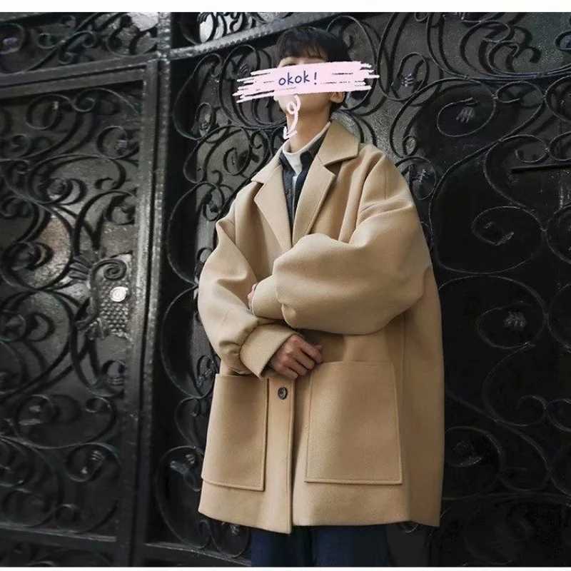 Woolen coat mens autumn and winter lamb wool thick solid color versatile suit collar jacket trendy couple mid length windbreakeT251025