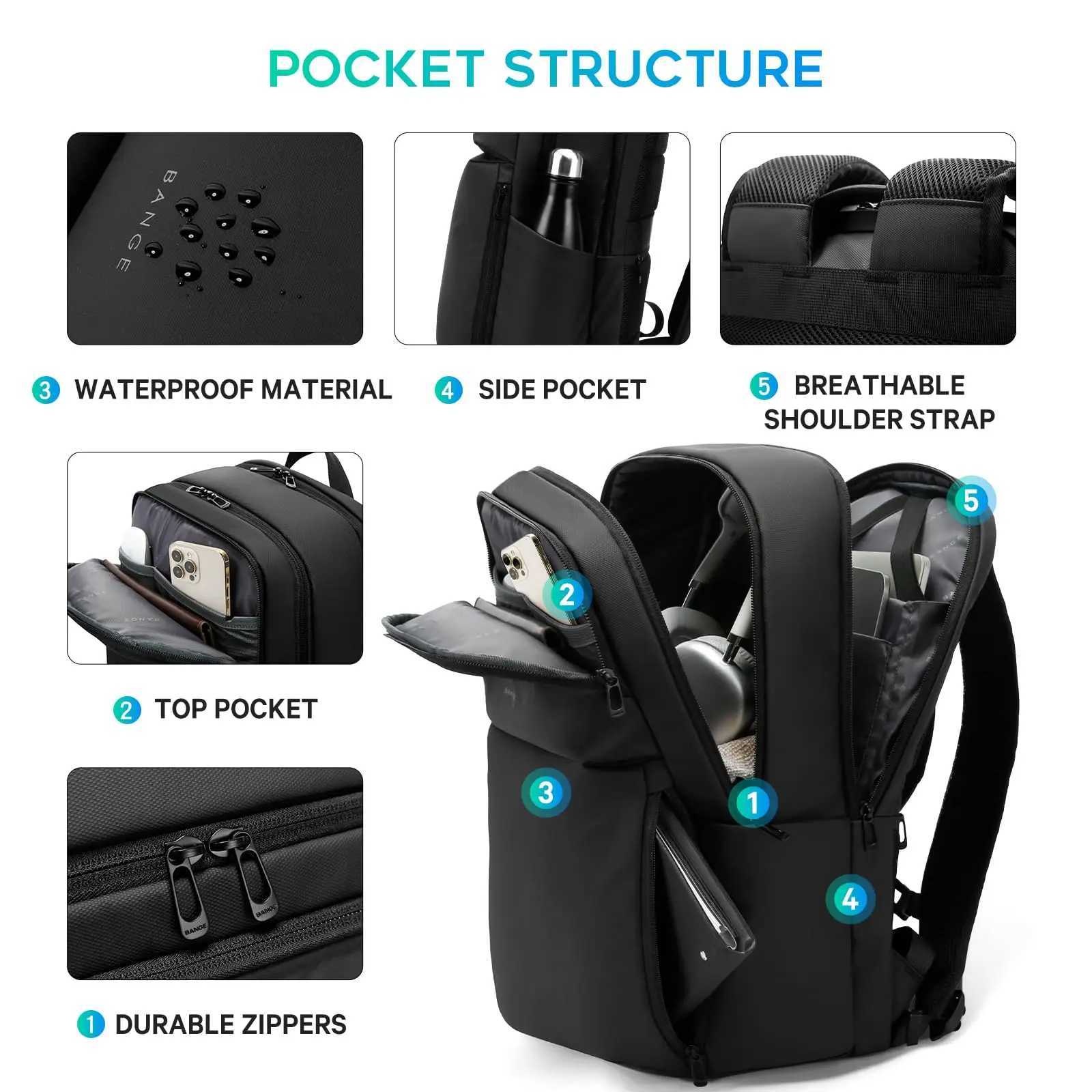 BANGE Smart Waterproof Travel Backpack Business Flight Approved Carry on Backpack Large Capacity 16 inch Laptop Backpack for Men W251025