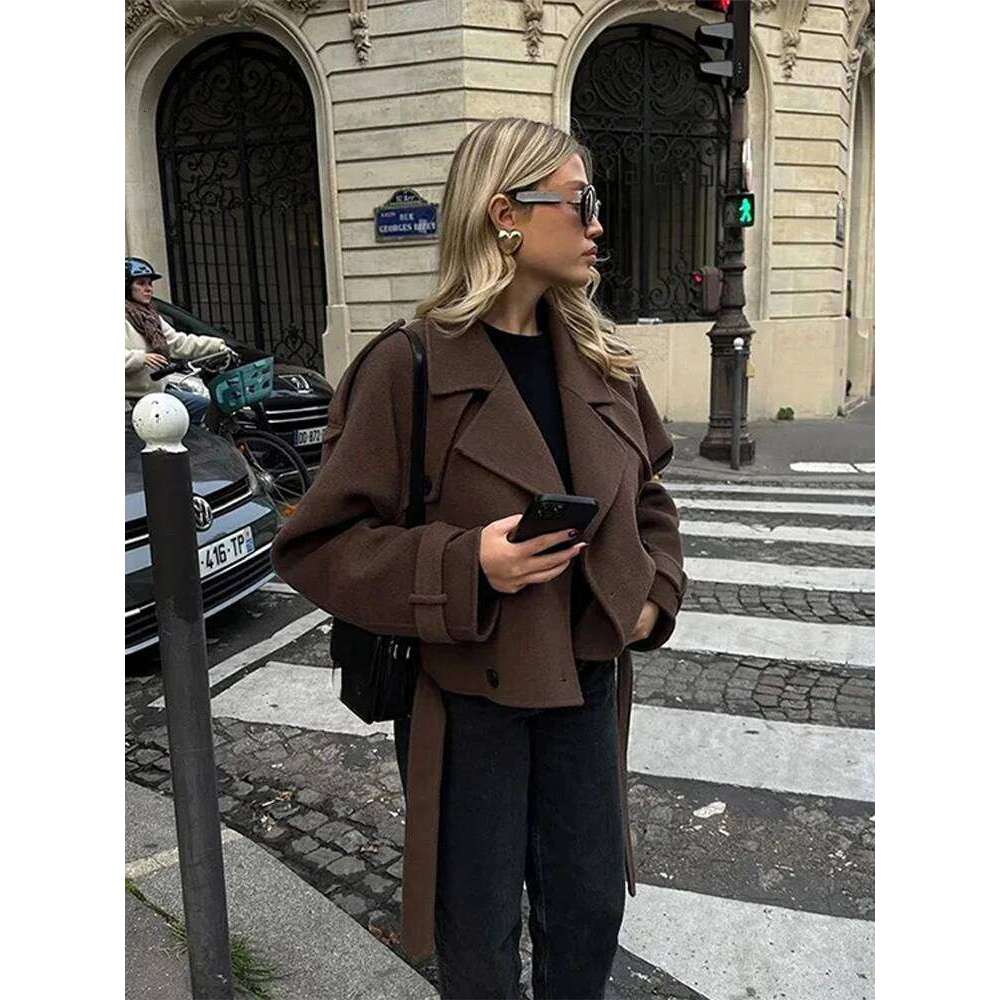 Solid Short Trench Coats For Women Lace Up Double Breasted Full Sleeves Jackets Autumn Winter Fashion High Streetwears Lady