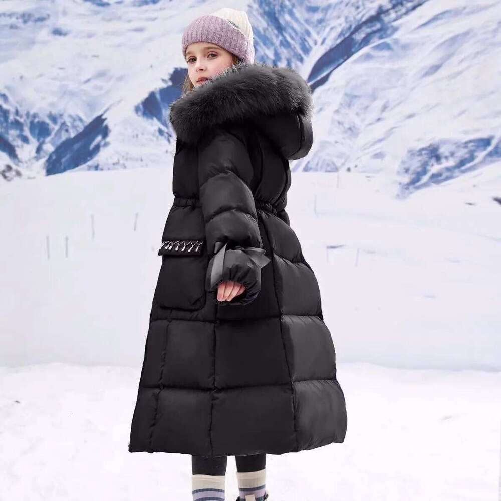 Winter Warm Girls Fashion Long Plain Fur Hooded Zip Puffer Jackets School Kid Thick Snow Coat Children Outfit Windbreaker 5-16Yr