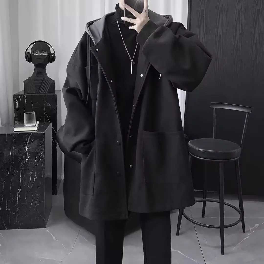 Blends for Men England Style Winter Thicker Hooded Outwear Handsome Big Pockets Black Long Coat Stylish Hombre Fashion DailyT251025