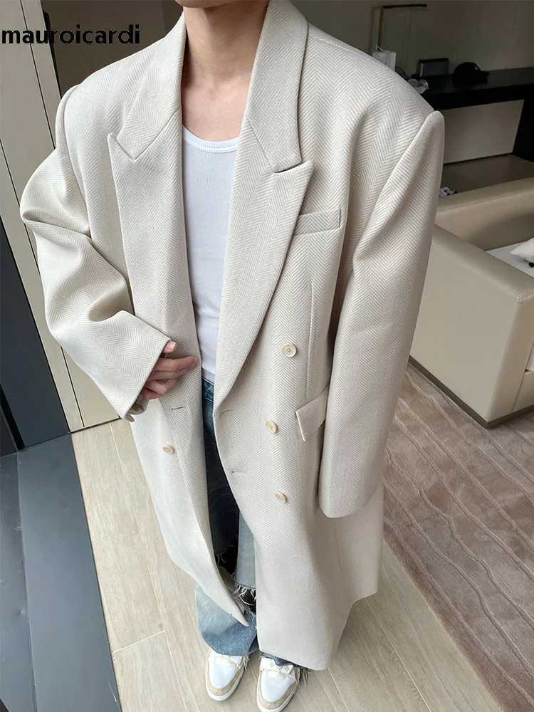 Mauroicardi Autumn Winter Long Beige Oversized Thick Warm Soft Wool Blends Coat Men Double Breasted Loose Korean Fashion 2023T251025