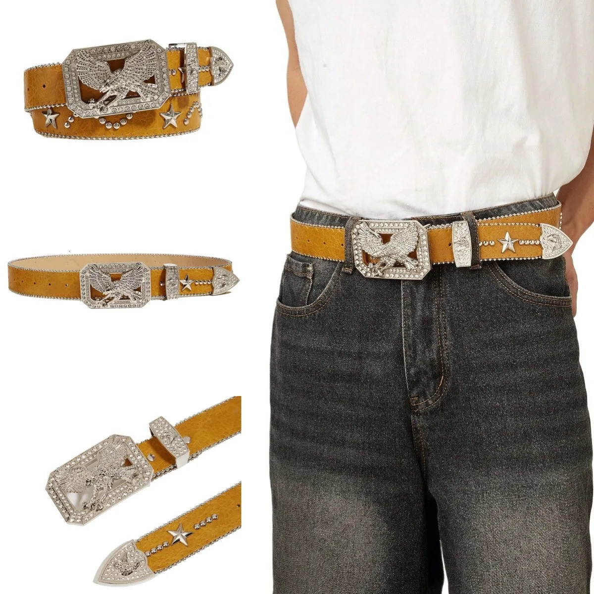 1pc Mens Yellow Y2k Punk Rhinestone Eagle Buckle Rivet Belt Jeans Versatile Decorative Belt 251024