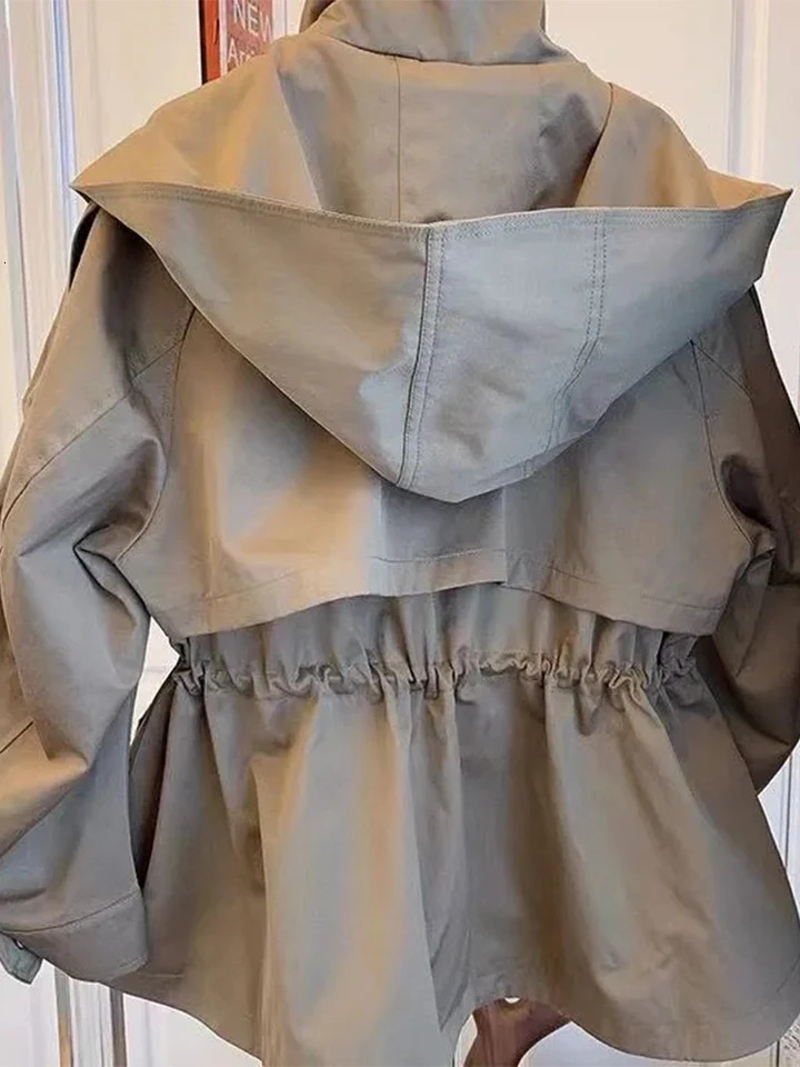 Autumn Trench Coat Women Vintage Hooded Jackets Female Elegant Fashion Drawstring Trench Ladies Casual Loose Zipper Cropped Coat 251013