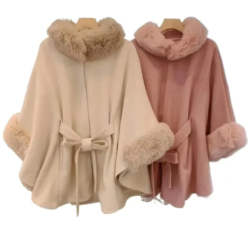 Womens Fur Coat Poncho Wool Warm Fashion Knitted Cloak With Fur Trim Faux Fur Poncho Cape goth Overcoat capas y ponchos 251024