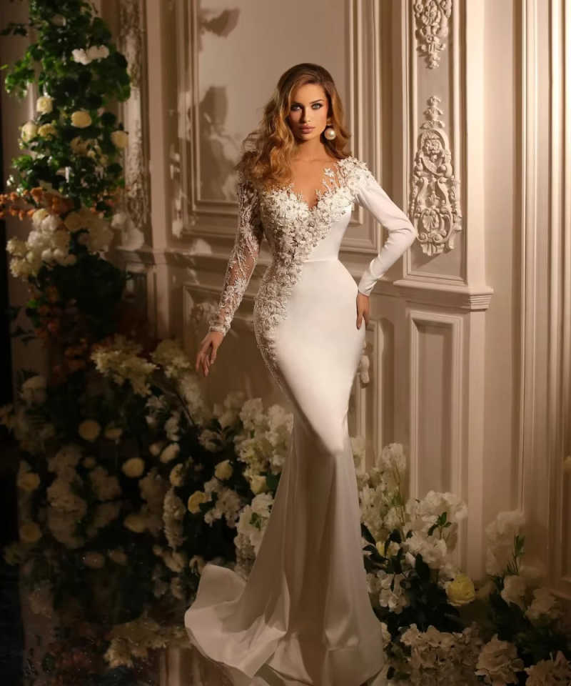 Customized V Neck Mermaid Wedding Dresses Long sleeve Pearls Embroidery Detachable Overskirts Vestido De Novia
