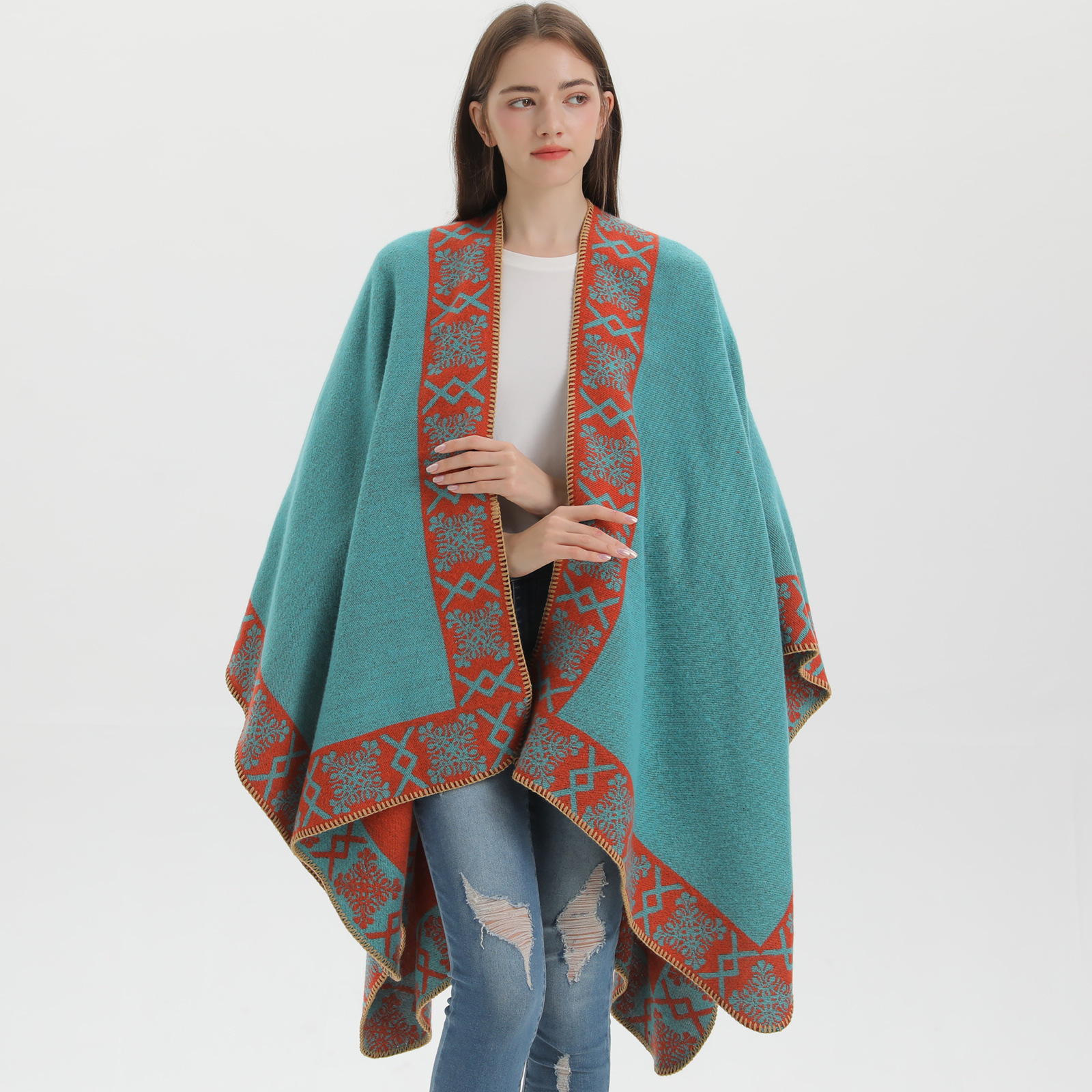 New Womens Split Shawl Autumn Winter Ethnic Style Imitation Cashmere Thickened Warm Cape Scarf Outerwear