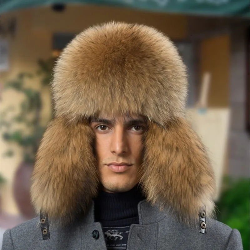 Real Fox Fur Hats Men s Winter Lei Feng Hat MiddleAged Elderly Outdoor Thickened Raccoon Fur Cap Warm Sheep Leather Bomber Hat 251024