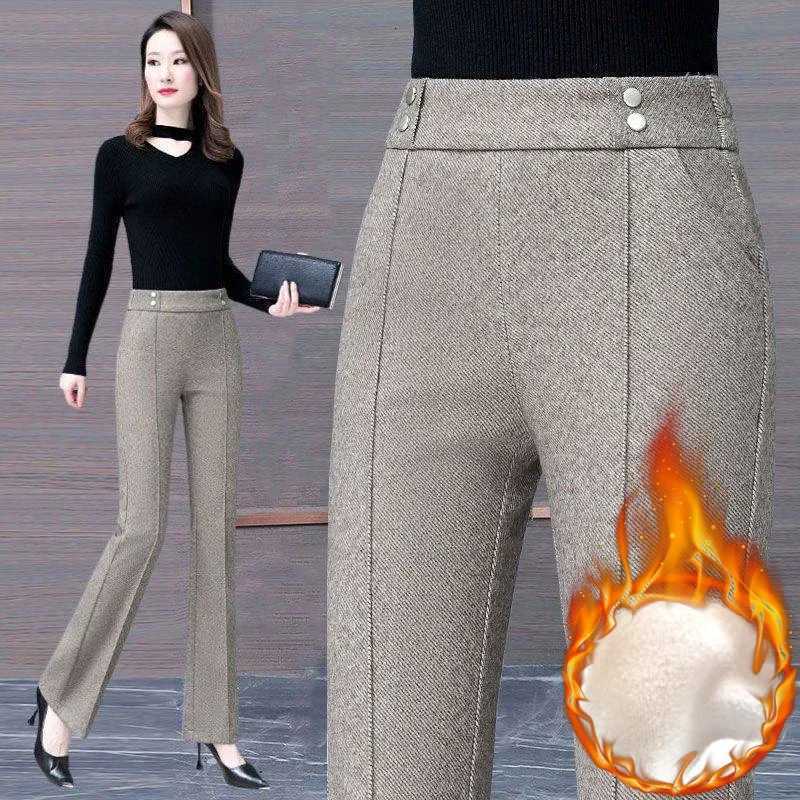 Velveteen Lined Woolen Flare Suit Pants Slim Winter Elastic High Waist Office Elagant Casual Pantalones Classic Women SpodnieT251025