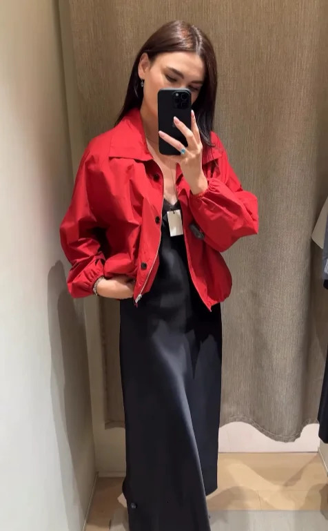 Casual Red Short Jacket Women Loose Turndown Collar Singlebreasted Long Sleeve Coats Female 2025 Autumn Fashion Lady Outwears 251015