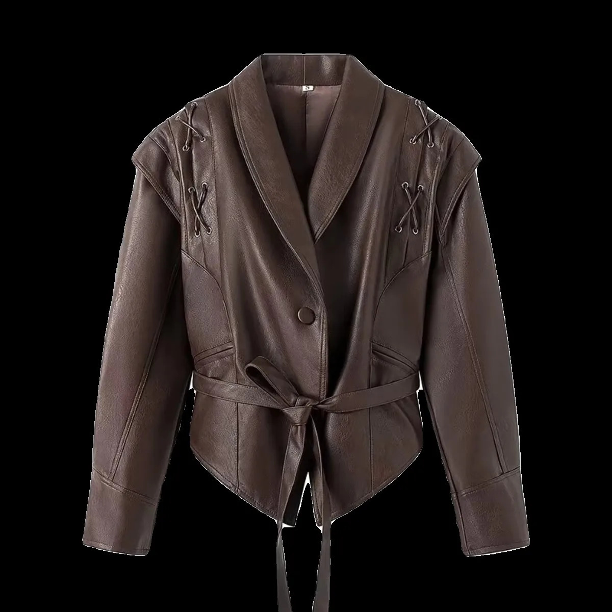 Mauroicardi Spring Autumn Short Retro Brown Pu Leather Jacket Women Sashes Lace Up er Emo Clothes European Fashion 251020