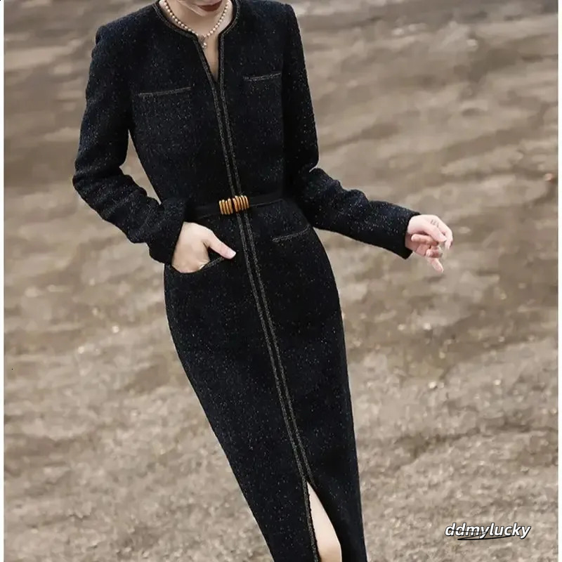 Tweed Dresses Women, Elegant Midi With Bright Silk Accents, Long Sleeves, Slim Fit Party Dress For Celebrations Ddmylucky