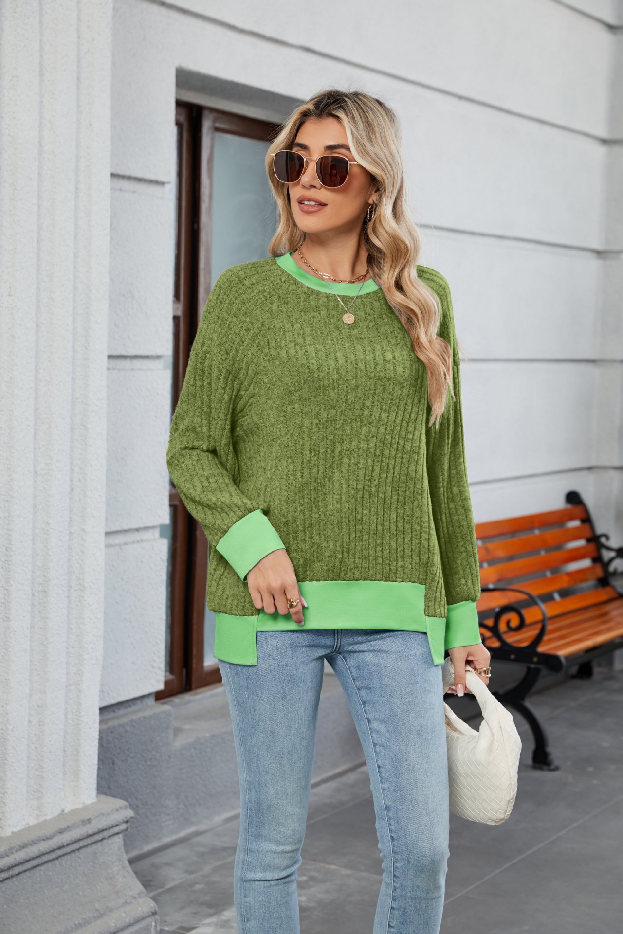 2025 Knitted Long Sleeve New Pullover Fashion Ribbed Patchwork Top for Women