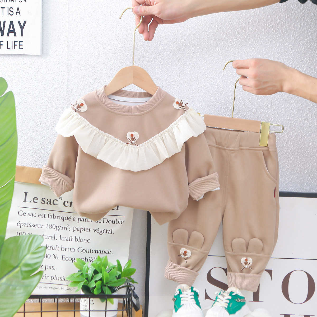 luxury kids clothing girls Girls' Spring Fall Patchwork Lace Hoodie Set, 2-Piece Long Sleeve Outfit for Toddler & Baby Girls