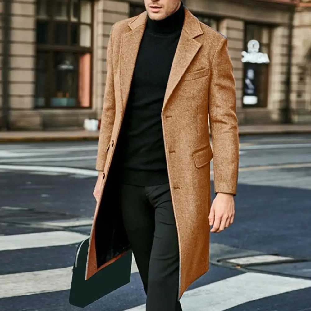 Threebutton Coat Stylish Mens British Style Long Coat Warm Solid Color Windbreaker with Turndown Collar SinglebreastedT251025