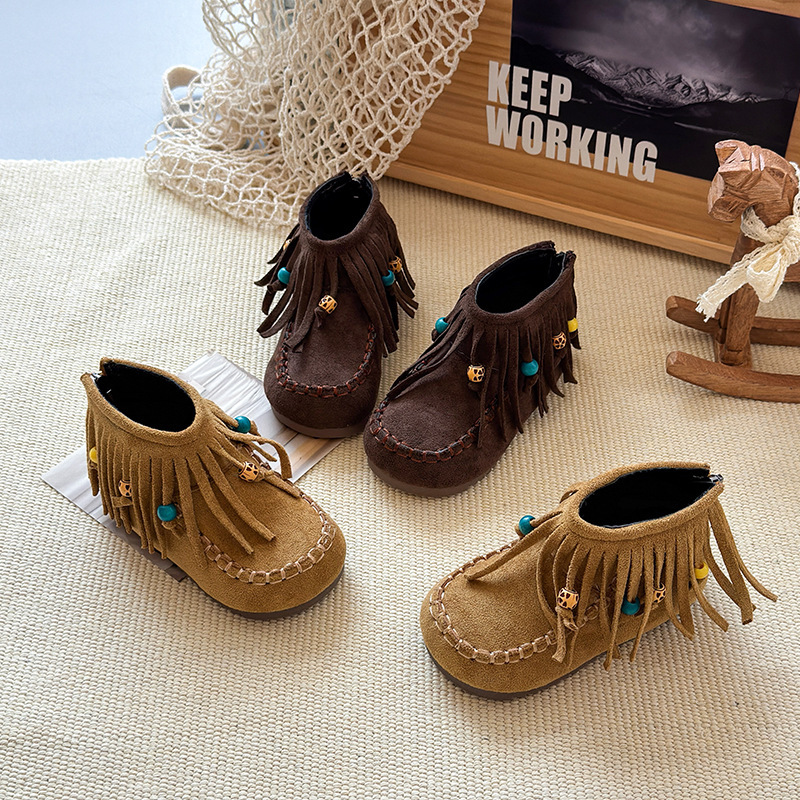 Retro fashion designer princess children's shoes, girls' tassel boots, girls' boots, velvet short boots, girls' autumn and winter 
