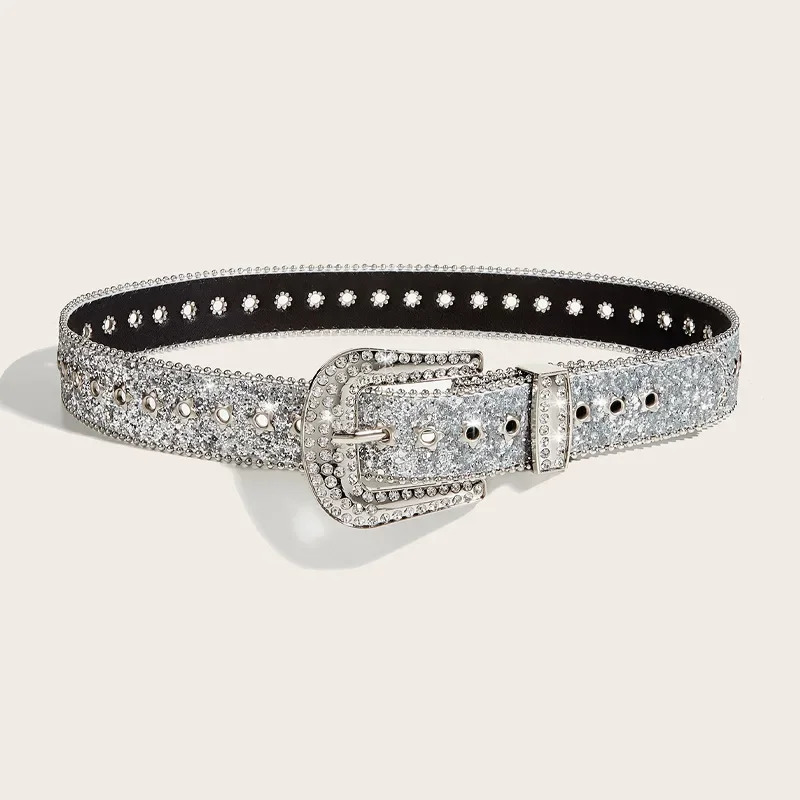 1 piece of Y2K womens retro fashion solid color rhinestone belt PU leather sparkling crystal adjustable sparkling belt versati 251024
