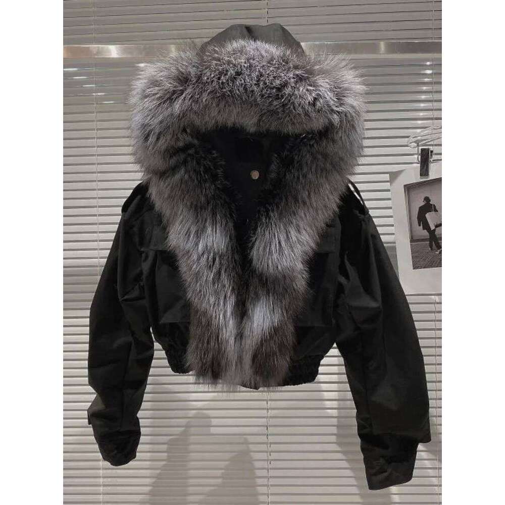 2025 Balck Winter Women New Fur Collar Liner Real Rabbit Hair Multi Pocket Short Jacket Cotton Hooded Casual Coat
