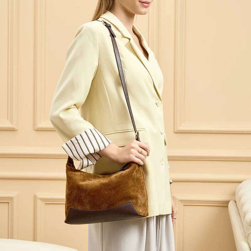 Suede Women Underarm Shoulder Bag Designer Genuine Leather Splicing Lady Commuter Handbags Winter Elegant Chic Purse 1025