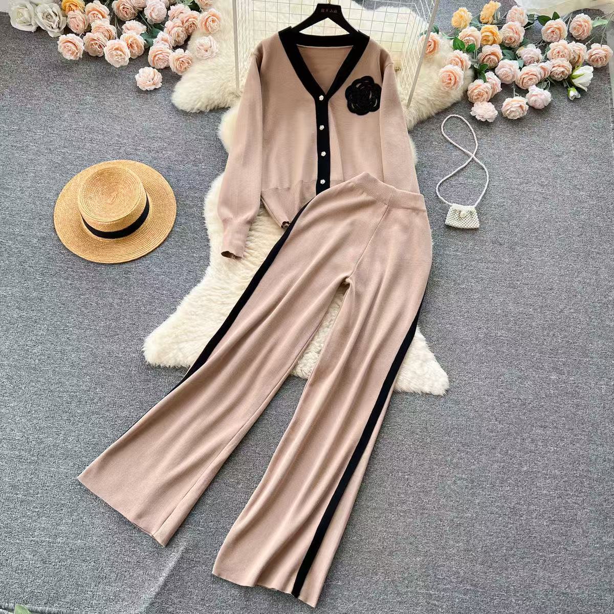 Ladies' high-grade casual knitting fashion suit women's loose long-sleeved shirt in autumn and winter+high-waist drape trousers C260312