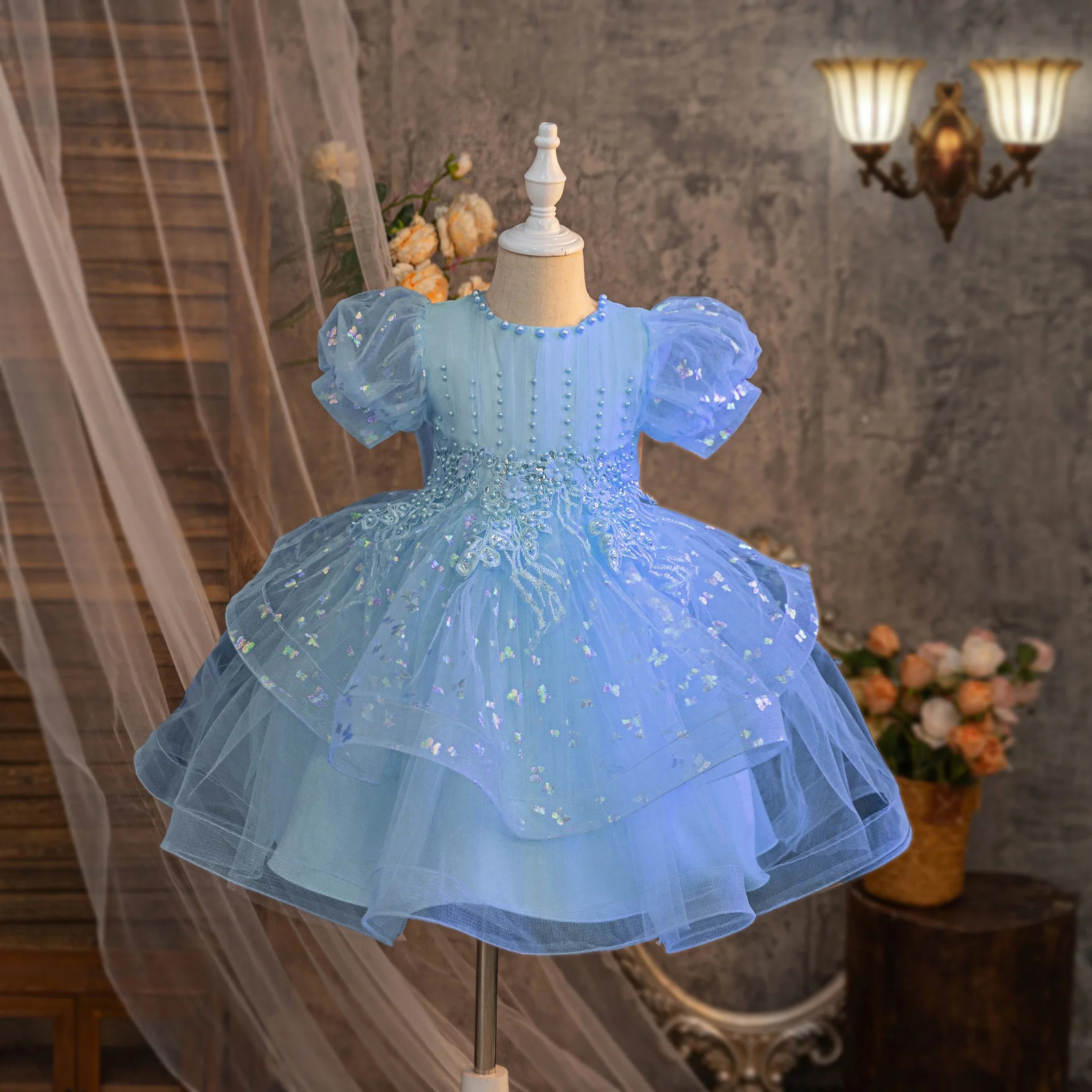 Summer Girls Bow Bead Embroidered Fluffy Skirt Baby Girls Birthday Mesh Dress 251023