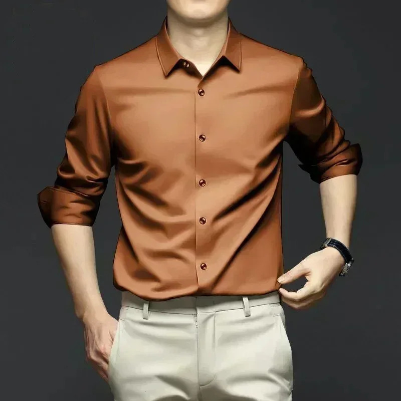S6XL Mens Long Sleeve Shirt Wrinkle Resistant Pure White Shirt Business Dress Casual Ice Silk Glossy Shirt 251023