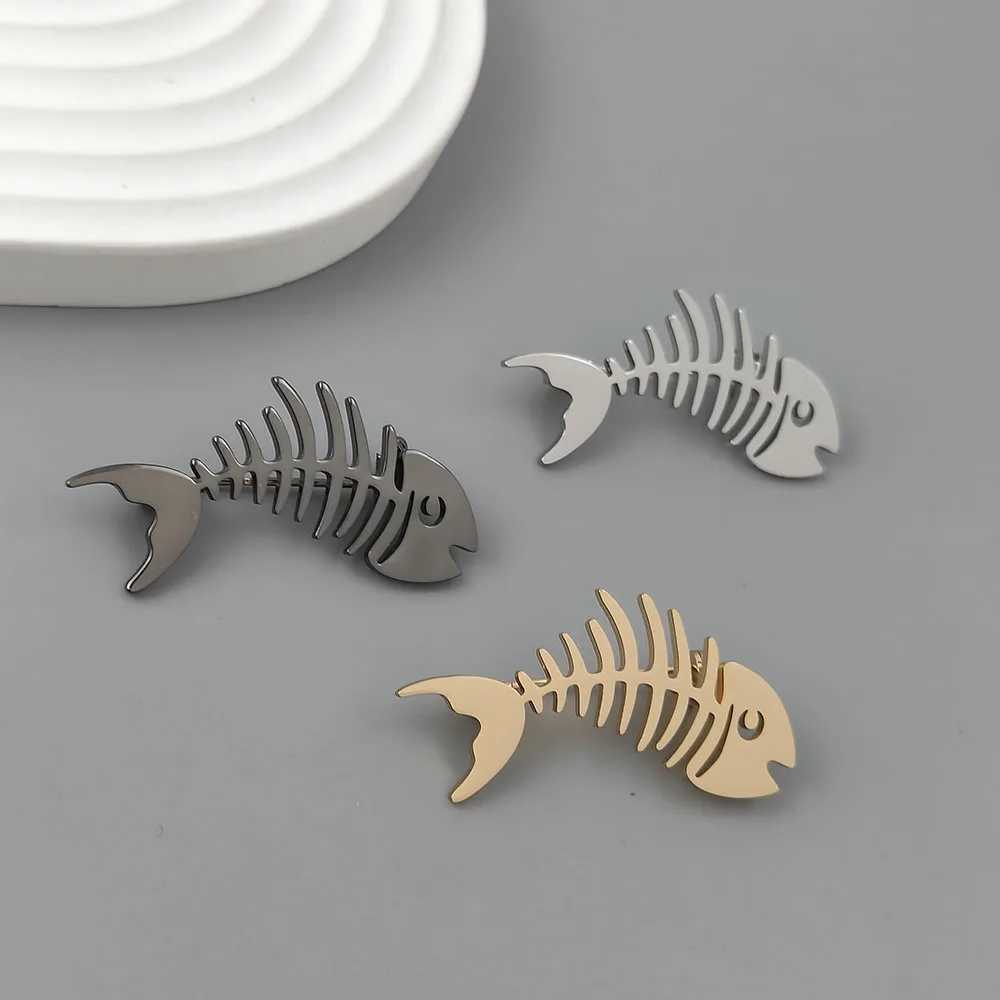 Fashion punk style hollow fish bone stainless steel goldplated 18K brooch black suit accessories wedding matching set J251115