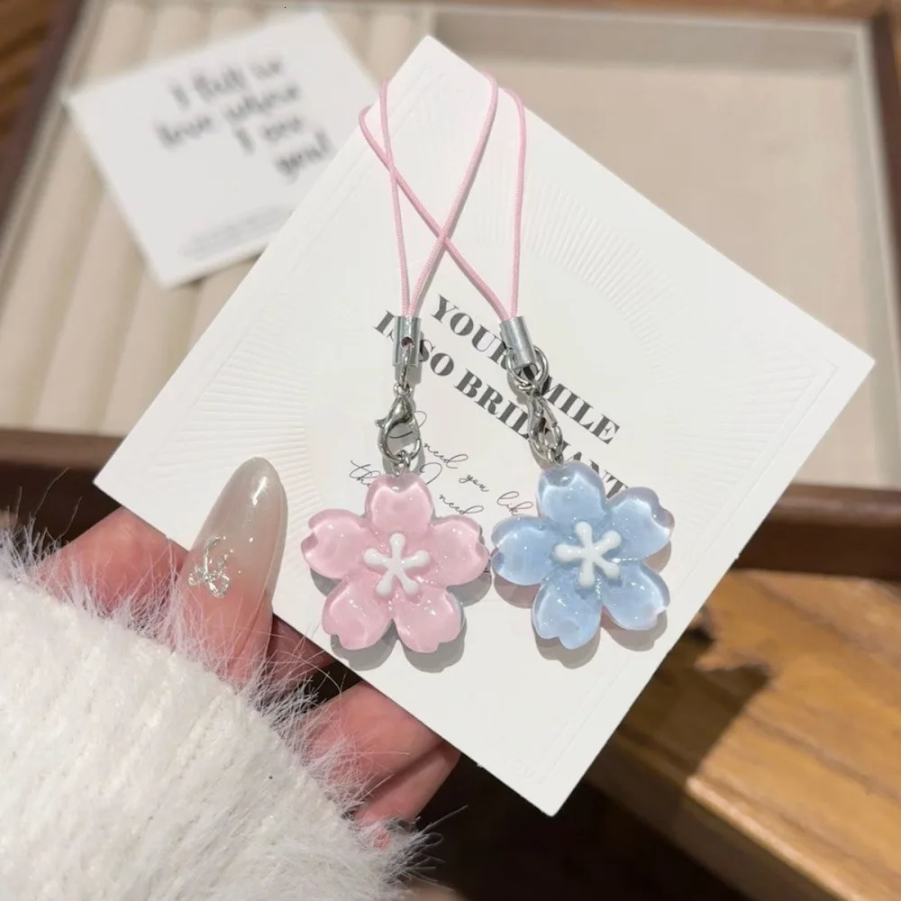 Cute Romance Pink Blue Sakura Flower Pendant Mobile Phone Chain for Women Girls Couple Accessories Bag Keychain Friendship Gift 251021