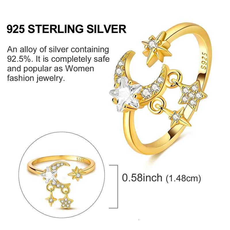 Original 925 Sterling Silver Gold Color Star Moon Tassel Open Rings for Women Girls Jewelry Birthday Anniversary GiftsXJ251025