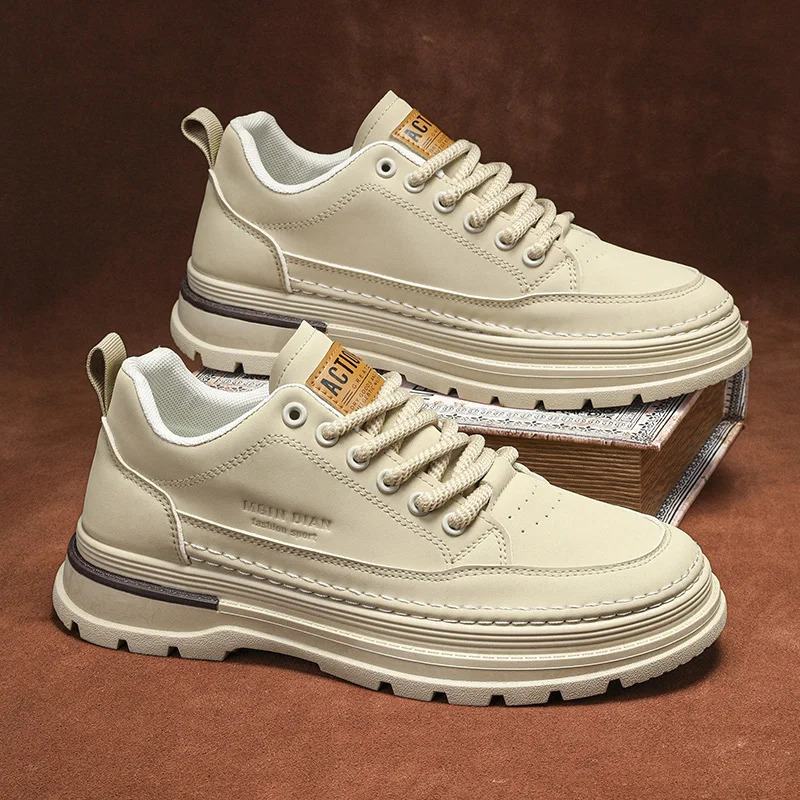 HKDQ Fashion Beige Sneakers Men Comfortable NonSlip Work Shoes for Men Outdoor Leather Casual Shoes Versatile Mens Shoes 251023