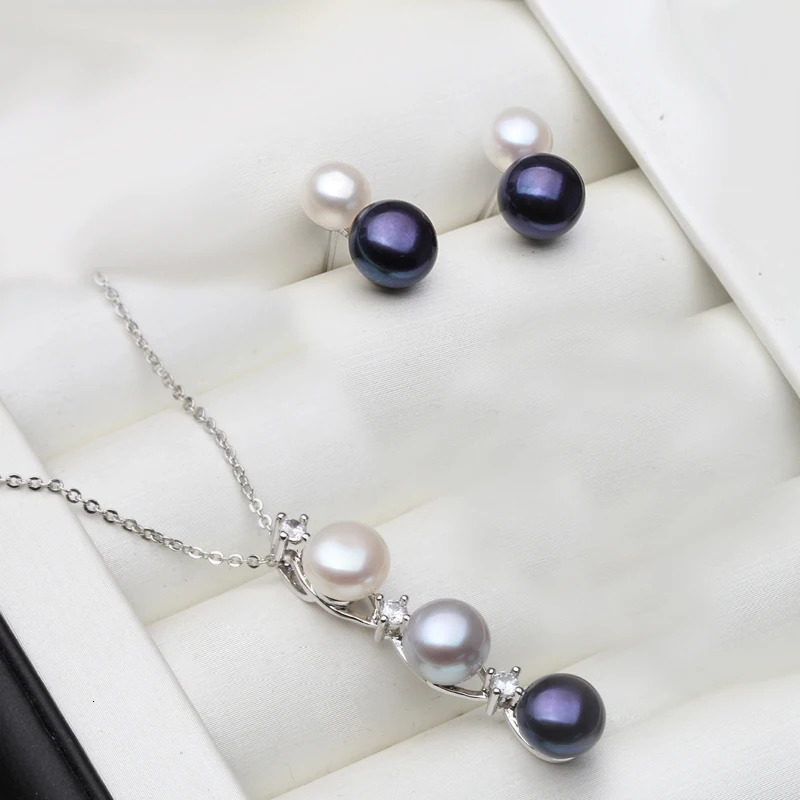 Wedding 925 Silver Natural Freshwater Pearl Necklace Earrings SetMulti Color Pearl Jewelry Set Wife Mother Birthday Gift Black 251016
