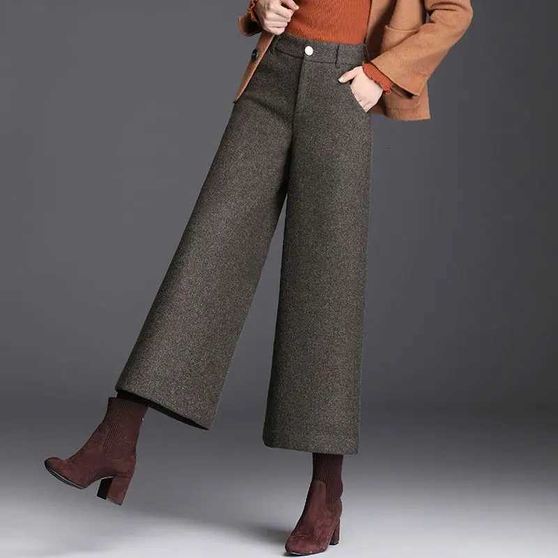 2024 New Woolen Wide Leg Pants Ladies Autumn Winter Anklelength Pants High Waist Loose Straight Fleece Women Clothes TrousersT251025