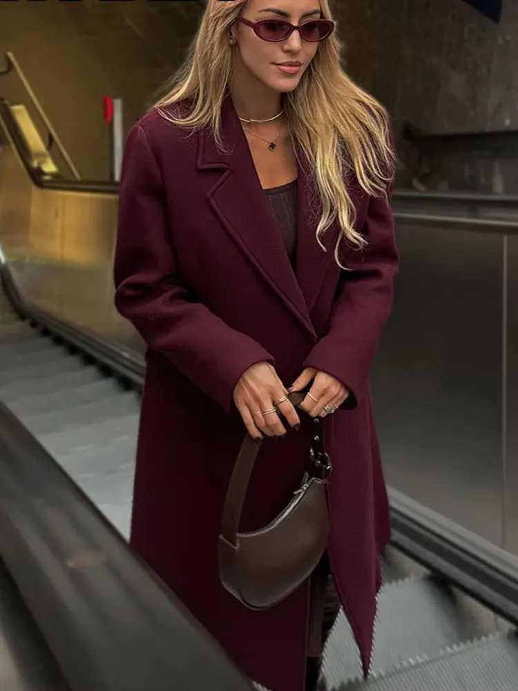 HH Women Fashion Burgundy Woolen Coat Double Breasted Long Sleeve Lapel Blends Jacket Autumn Winter High Street OuterwearT251025