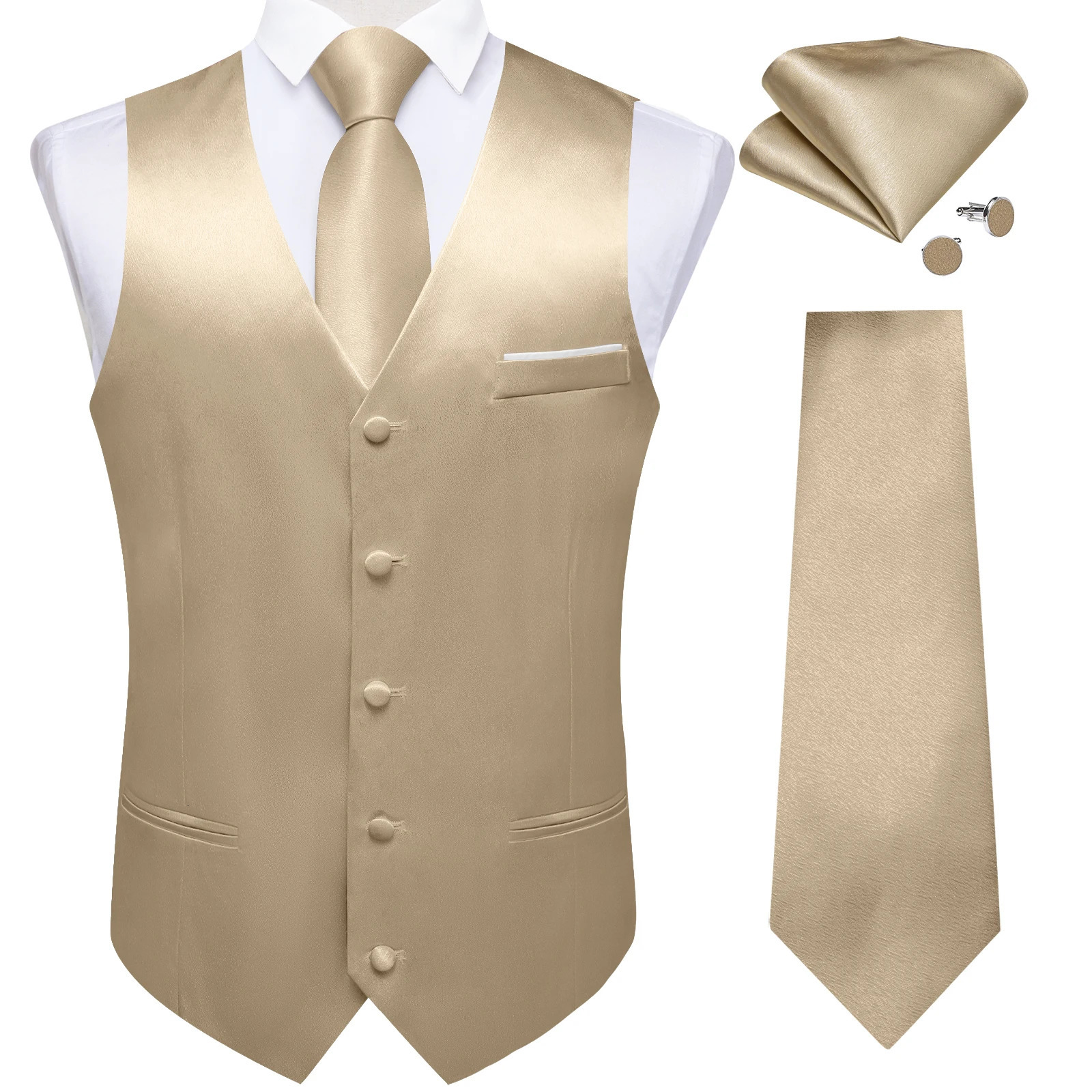 4Pcs Mens Champagne Satin Solid Suit Vest with 8cm Neck Tie Handkerchief Cufflinks for Wedding Prom Groom Waistcoat Clothing 251024