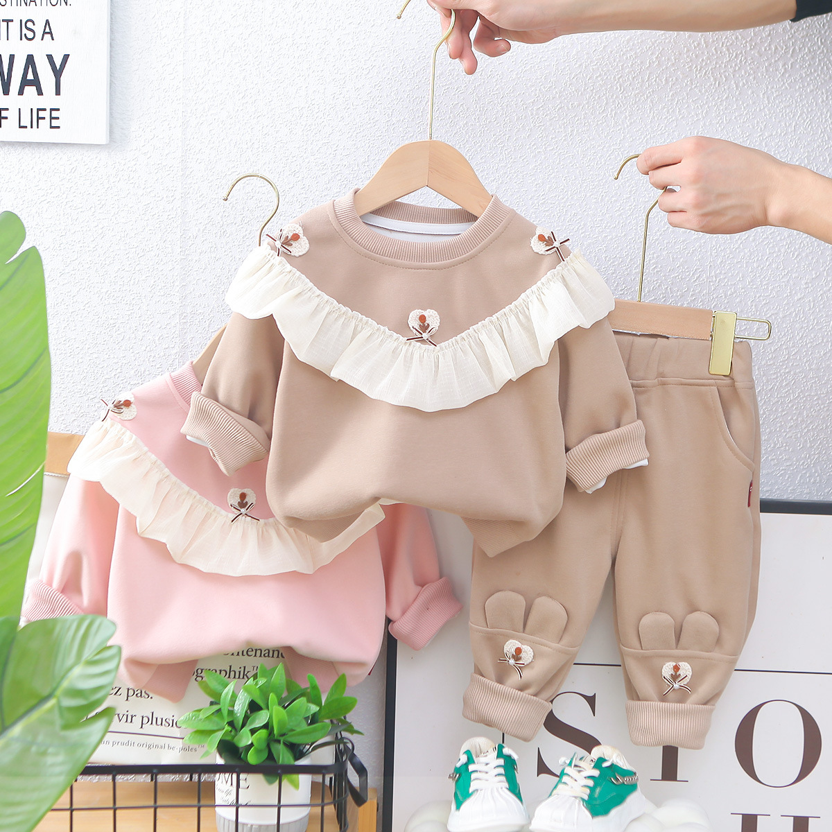 luxury kids clothing girls Girls' Spring Fall Patchwork Lace Hoodie Set, 2-Piece Long Sleeve Outfit for Toddler & Baby Girls