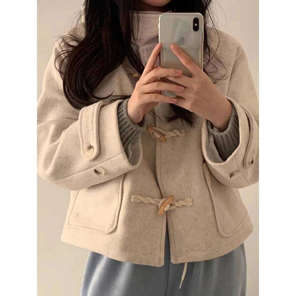 Chic Ort Women S Woolen Coat Autumn Winter Button Up Hat Design Korean Sle Commute Pure Color Long Sve Straight Cut